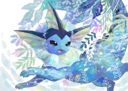 Rule 34 | animal, animal focus, blue skin, bubble, claws, colored skin, fang, fins, gen 1 pokemon, highres, leaf, nintendo, open mouth, pokemon, pokemon (creature), smile, solo, vaporeon, volpecorvo