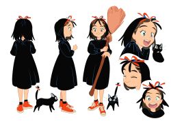 1girl :d absurdres ad ankle_socks antenna_hair asymmetrical_eyes black_cat black_dress black_eyes black_hair black_socks blue_eyes bob_cut bow bright_pupils broom cat reference_sheet closed_mouth commentary_request constricted_pupils dress excited multiple_expressions facing_away fang forehead from_behind from_side full_body hair_bow hair_ribbon hair_slicked_back hairband highres holding holding_broom jiji_(majo_no_takkyuubin) kiki_(majo_no_takkyuubin) kunoyoko long_sleeves looking_ahead looking_at_viewer majo_no_takkyuubin mcdonald&#039;s multiple_views official_art open_mouth production_art profile red_bow red_footwear red_hairband red_ribbon ribbon shoes short_hair shouting simple_background smile sneakers socks solo_focus straight-on surprised tail tail_bow tail_ornament tail_raised teeth upper_teeth_only white_background wide-eyed