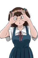 1girl beads breasts brown_eyes brown_hair double_ok_sign hands_up highres looking_at_viewer maison_ikkoku medium_breasts ok_sign ok_sign_over_eye open_mouth parted_lips poppowerhearts sailor sailor_collar school_uniform short_twintails simple_background solo twintails white_background yagami_ibuki