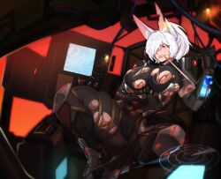 1girl absurdres animal_ear_fluff animal_ears armored_boots bandaged_arm bandages black_bodysuit blood bodysuit boots breasts cockpit discordia_(vtuber) fox_ears fox_girl hair_over_one_eye highres indie_virtual_youtuber injury knee_armor large_breasts notanubi notched_ear parted_lips solo sweat thigh_strap topographic_map torn_bodysuit torn_clothes virtual_youtuber white_hair