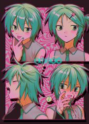 Rule 34 | 1boy, aqua eyes, aqua hair, aqua nails, aqua necktie, bare shoulders, blood, blood on clothes, blood on face, blood on hands, blush, blush stickers, border, closed mouth, collared shirt, commentary request, detached sleeves, drop shadow, from side, grey shirt, hair ornament, hairclip, hatsune mikuo, highres, male focus, menma (enaic31), multiple views, musical note, nail polish, necktie, open mouth, outline, pink outline, redrawn, shirt, short hair, single blush sticker, smile, spoken musical note, star (symbol), star hair ornament, tongue, tongue out, v, vocaloid