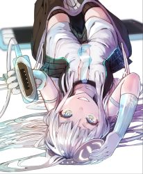 1girl akieda battery black_thighhighs blue_eyes blue_necktie blurry cellphone collarbone commentary depth_of_field dress female_focus gloves green_eyes grey_hair hair_between_eyes headphones holding long_hair looking_at_viewer lying multicolored_eyes necktie on_back original parted_lips personification phone power_symbol smartphone smile solo teeth thighhighs thighs upside-down usb white_background white_dress white_gloves