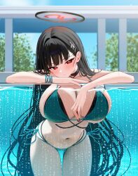 1girl absurdres aqua_bikini arm_rest bikini black_bikini black_hair black_halo blue_archive blue_sky blush breast_press breasts bright_pupils cleavage collarbone commentary_request day hair_ornament hairclip halo highres huge_breasts large_breasts long_hair looking_at_viewer mechanical_halo mizikayo navel outdoors partially_underwater_shot red_eyes rio_(blue_archive) side-tie_bikini_bottom sky solo stomach swimsuit thighs white_pupils