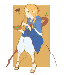1girl anklet blonde_hair blue_robe bowl braid dungeon_meshi eating elf fasces_(jeson110) female_focus green_eyes half_updo hood jewelry long_hair marcille_donato marushiru pants pointy_ears robe sandals single_braid solo spoon staff wooden_spoon
