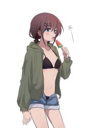 Rule 34 | 1girl, bikini, black bikini, black bra, blue eyes, blue shorts, blush, bra, breasts, brown hair, commentary, food, girls band cry, green jacket, highres, hood, hood down, hooded jacket, iseri nina, jacket, lemoontya, low twintails, navel, open clothes, open fly, open jacket, open mouth, popsicle, short hair, short twintails, shorts, simple background, small breasts, solo, stomach, swimsuit, twintails, underwear, watermelon bar, white background