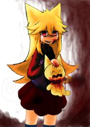 1girl animal_ears bad_id bad_twitter_id blonde_hair blood blood_on_face commentary cowboy_shot creature english_commentary funamusea guro hair_between_eyes holding holding_creature iesonatana inactive_account long_hair long_sleeves miniskirt moge-ko mogeko_(species) mogeko_castle open_mouth red_shirt red_skirt sharp_teeth shirt skirt smile solo standing teeth very_long_hair