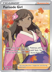1girl artist_name autumn_leaves brown_eyes brown_hair card_(medium) character_name closed_mouth company_name copyright_name copyright_notice dark-skinned_female dark_skin english_text eyelashes falling_leaves furisode furisode_girl_(pokemon) furisode_girl_blossom japanese_clothes kimono leaf long_hair nintendo official_art outdoors pokemon pokemon_card pokemon_tcg pokemon_xy saino_misaki smile solo third-party_source trading_card tree