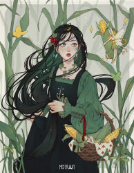 Rule 34 | 3girls, absurdres, artist name, barefoot, basket, black hair, blonde hair, blouse, blue eyes, bow, bug, butterfly, carrying, closed eyes, colored inner hair, commentary, corn, cowboy shot, crescent, crescent hair ornament, dragonfly, dress, earrings, english commentary, fairy, fairy wings, flower earrings, freckles, glitter, glitter makeup, gradient hair, green bow, green butterfly, green dress, green eyes, green hair, green shirt, hair ornament, heterochromia, highres, holding, holding basket, holding own hair, insect, jewelry, leaf, long hair, long sleeves, looking at another, looking to the side, mistravn, multicolored hair, multiple girls, original, parted lips, pinafore dress, pointy ears, puffy long sleeves, puffy sleeves, red lips, ribbon-trimmed shirt, ribbon-trimmed sleeves, ribbon trim, rounded corners, shirt, skirt hold, sleeping, sleeveless, sleeveless dress, smile, solo focus, sparkle, turing pattern, very long hair, wicker basket, wings, yellow butterfly