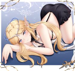 Rule 34 | 1girl, backless dress, backless outfit, bare shoulders, black collar, black dress, blonde hair, blue eyes, cartethyia (wuthering waves), closed mouth, collar, commentary, crown of thorns, dress, earrings, english commentary, highres, hollow mimikyu, jewelry, light blush, long hair, looking at viewer, pointy ears, smile, solo, tacet mark (wuthering waves), top-down bottom-up, wuthering waves