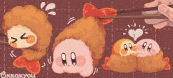 &gt;_&lt; 1other blue_eyes blush_stickers brown_background cheek-to-cheek chopsticks closed_eyes commentary_request flying_sweatdrops grid_background heads_together heart highres holding holding_chopsticks kirby kirby_(series) nintendo shrimp_costume signature tokkakyou waddle_dee