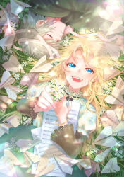 2girls absurdres blonde_hair blue_eyes day gender_request grass highres lying multiple_girls on_back on_grass original outdoors paper_airplane sheet_music sleeping sunlight yamabuki_kanon