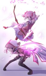 2girls arrow_(projectile) back_cutout black_boots black_gloves black_shirt black_shorts bodystocking boots bow bow_(weapon) bubble_skirt choker cloak closed_mouth clothing_cutout commentary_request crop_top crossbow determined drawing_bow dress dress_bow energy_arrow fire floating floating_clothes floating_hair frilled_dress frilled_skirt frilled_sleeves frilled_socks frills frown full_body gloves glowing glowing_weapon gradient_background grey_background hair_bow heart_cutout high_heels highres holding holding_arrow holding_bow_(weapon) holding_weapon hood hood_up hooded_cloak kaname_madoka kneehighs lace-up_boots leaning_forward light_particles magia_record:_mahou_shoujo_madoka_magica_gaiden mahou_shoujo_madoka_magica mahou_shoujo_madoka_magica_(anime) mahou_shoujo_madoka_magica_magia_exedra miniskirt multiple_girls outstretched_leg pink_bow pink_dress pink_eyes pink_fire pink_hair pink_skirt pleated_skirt puffy_short_sleeves puffy_sleeves pumps red_choker red_shoes shadow shirt shoes short_dress short_hair short_sleeves short_twintails shorts shorts_under_skirt shoulder_blades sidelocks skirt skirt_under_dress socks square_neckline standing tamaki_iroha thigh_boots touyu_(yuruyuruto) twintails weapon white_background white_cloak white_gloves white_skirt white_sleeves white_socks