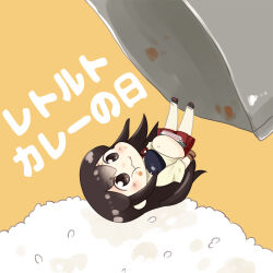 1girl akagi_(kancolle) black_hair brown_eyes glutton hakama hakama_short_skirt hakama_skirt highres hinata_yuu japanese_clothes kantai_collection long_hair muneate red_hakama rice skirt solo straight_hair tasuki
