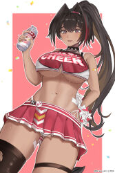 1girl absurdres bandaid bandaid_on_arm bare_shoulders bay_(nikke) blush bottle breasts brown_hair brulee cheerleader choker collar cowboy_shot crop_top crop_top_overhang dark-skinned_female dark_skin english_text fang from_below gluteal_fold goddess_of_victory:_nikke hair_between_eyes hair_intakes hand_on_own_hip highleg highleg_panties highres holding holding_pom_poms large_breasts long_hair looking_at_viewer midriff miniskirt mole mole_under_mouth multicolored_hair navel open_mouth panties panty_peek pantyshot pink_nails pleated_skirt pom_pom_(cheerleading) pom_poms red_streaks single_thighhigh skirt sleeveless smile solo spiked_choker spiked_collar spikes star_sticker sticker_on_face streaked_hair sweat tan thigh_strap thighhighs thighs torn_clothes torn_socks underboob underwear water_bottle white_panties