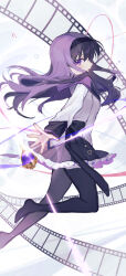 1girl absurdres akemi_homura akemi_homura_(magical_girl) back_bow black_bow black_hairband black_pantyhose blue_sky bow capelet commentary_request dress e_byi film_strip floating floating_clothes floating_hair frilled_skirt frills full_body gem glowing_gem hair_between_eyes hairband highres layered_sleeves light_particles long_sleeves looking_at_viewer magical_girl mahou_shoujo_madoka_magica mahou_shoujo_madoka_magica_(anime) miniskirt no_shoes open_mouth pantyhose partial_commentary pleated_skirt purple_capelet purple_eyes purple_gemstone purple_hair purple_skirt red_ribbon ribbon short_dress sidelocks skirt sky solo soul_gem white_dress
