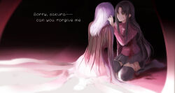 2girls black_background black_dress black_hair black_skirt black_thighhighs bleeding blood commentary_request cross dark_sakura dress english_text fate/stay_night fate_(series) gradient_background heaven&#039;s_feel highres injury kneeling kuri_ko long_hair long_sleeves looking_at_another matou_sakura multiple_girls red_shirt shirt skirt thighhighs tohsaka_rin white_background white_hair