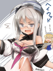 1girl ahoge akino_shuu black_bra black_sailor_collar bra breasts cargo_net commentary_request detached_collar fletcher_(kancolle) glasses grey_eyes grey_hair hat heywood_l._edwards_(kancolle) kantai_collection medium_breasts neckerchief net off-shoulder_shirt off_shoulder pink_neckerchief sailor_collar shirt solo torn_clothes twitter_username underwear upper_body white_shirt