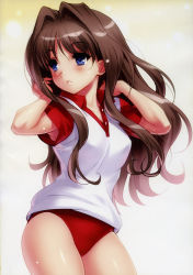 Rule 34 | 1girl, absurdres, arms up, blue eyes, blush, brown hair, buruma, commentary request, contrapposto, cowboy shot, gradient background, gym uniform, hair intakes, highres, kanon, long hair, looking away, misaka kaori, parted lips, red buruma, scan, shirt, short sleeves, solo, sportswear, standing, thighs, white shirt, zen (kamuro)