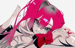 1girl baobhan_sith_(fate) baobhan_sith_(swimsuit_pretender)_(fate) baobhan_sith_(swimsuit_pretender)_(third_ascension)_(fate) barefoot fate/grand_order fate_(series) grey_eyes highres leg_up long_hair looking_at_viewer lying on_stomach pink_hair pointy_ears puti_tomato19 red_nails side_ponytail smile solo v white_background wrist_cuffs