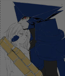 Rule 34 | 1boy, 1girl, asagi marin, brigadoon, closed eyes, closed mouth, collarbone, convenient censoring, crack, eyelashes, hair between eyes, higure machiko, leaning on person, melan blue, parted lips, red eyes, shirt, short hair, simple background, spot color, torn clothes, torn shirt, traditional media