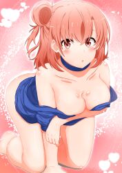 1girl :o absurdres arm_under_breasts blue_choker blush breasts choker cleavage commentary_request feet_out_of_frame hair_bun highres jksfs large_breasts looking_at_viewer medium_breasts off_shoulder orange_eyes orange_hair single_hair_bun single_side_bun solo yahari_ore_no_seishun_lovecome_wa_machigatteiru. yuigahama_yui