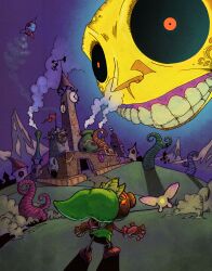 absurdres captionpanic clock clock_tower commentary deku deku_link english_commentary fairy green_hat hat highres moon moon_(zelda) mountain nintendo plant_hair rocket tael teeth the_legend_of_zelda the_legend_of_zelda:_majora&#039;s_mask tower town