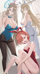 3girls absurdres akane_(blue_archive) akane_(bunny)_(blue_archive) animal_ears ass asuna_(blue_archive) asuna_(bunny)_(blue_archive) bare_shoulders black_pantyhose blonde_hair blue_archive blue_bow blue_bowtie blue_eyes blue_halo blue_leotard bow bowtie breasts brown_halo fake_animal_ears fake_tail glasses halo high_heels highres kuriball large_breasts leotard long_hair looking_at_viewer multiple_girls neru_(blue_archive) neru_(bunny)_(blue_archive) no_halo official_alternate_costume open_mouth orange_eyes pantyhose playboy_bunny rabbit_ears rabbit_tail red_eyes red_leotard short_hair sitting small_breasts standing tail very_long_hair white_leotard white_pantyhose