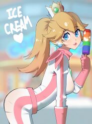 Rule 34 | 1girl, absurdres, ass, bandana, biker clothes, biker peach, bikesuit, blonde hair, blue eyes, bodysuit, breasts, crown, earrings, food, gjh, gloves, highres, holding, holding food, holding popsicle, jewelry, large breasts, long hair, looking at viewer, mario (series), mario kart, mario kart world, nintendo, official alternate costume, parted lips, pink bandana, pink bodysuit, pink gloves, pink scarf, ponytail, popsicle, princess peach, racing suit, saliva, saliva trail, scarf, smile, solo, sphere earrings