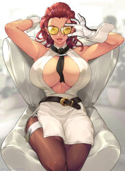 1girl absurdres adjusting_eyewear belt between_breasts black_necktie breasts chair cleavage crimson_viper gloves highres huge_breasts loose_belt miniskirt necktie necktie_between_breasts on_chair pantyhose red_hair seed01010 side_slit sitting skirt sleeveless solo street_fighter street_fighter_6 sunglasses tinted_eyewear white_gloves wrist_cuffs yellow-tinted_eyewear