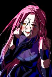 Rule 34 | 1girl, alien stage, black blood, black dress, black gloves, blood, blood on face, blush, commentary, dress, elbow gloves, gloves, hand on own chest, hashtag-only commentary, highres, long hair, miem1084, mizi (alien stage), open mouth, pink hair, signature, smile, solo, very long hair, yellow eyes