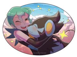1girl aged_down bike_shorts blush gen_4_pokemon gloves green_hair himmely hug jenny_(pokemon) long_glove luxray marble_(pokemon) nintendo official_alternate_costume one_eye_closed orange_eyes pokemon pokemon_(anime) pokemon_dp059 pokemon_dppt_(anime) skin_tight smile spandex tree
