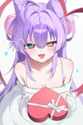 1girl antenna_hair blue_eyes box collarbone cone_hair_bun fang hair_bun hair_ornament hair_rings heart-shaped_box heterochromia highres hyemoon_o incoming_gift open_mouth pom_pom_(clothes) pom_pom_hair_ornament purple_hair skin_fang solo stellive tenko_shibuki virtual_youtuber yellow_eyes