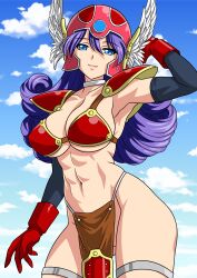 Rule 34 | 1girl, abs, absurdres, anime coloring, arm behind head, armor, bikini armor, black sleeves, blue eyes, blue sky, breasts, choker, cleavage, cloud, collarbone, commentary request, cowboy shot, curly hair, dragon quest, dragon quest iii, gloves, gluteal fold, gradient sky, helmet, highres, jewelry, large breasts, looking at viewer, muscular, muscular female, navel, purple hair, red armor, red gloves, red helmet, revealing clothes, sideboob, silver choker, silver thighlet, sky, smile, solo, thighlet, underboob, warrior (dq3), winged helmet, yuuyuu (3jjbn)