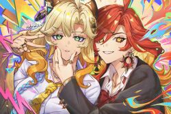 2girls alternate_costume animal_ears black_jacket blonde_hair blue_hair braid brown_hair collared_shirt denshiki earrings floating_hair genshin_impact green_eyes grin hair_between_eyes highres jacket jaguar_ears jaguar_girl jewelry long_sleeves mavuika_(genshin_impact) multicolored_hair multiple_girls multiple_rings necklace necktie parted_lips pink_hair red_eyes red_hair ring school_uniform shirt smile streaked_hair sun_earrings twitter_username white_shirt xilonen_(genshin_impact) yellow_necktie