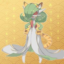 Rule 34 | animal ears, animal hands, bob cut, chinese zodiac, colored skin, dress, fake animal ears, gardevoir, gen 3 pokemon, green hair, green skin, hair over one eye, hands on own hips, lowres, multicolored skin, nintendo, oyama yoihaya, pokemon, pokemon (creature), tail, two-tone skin, white dress, white skin, year of the tiger