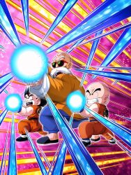 3boys dokkan_battle dragon_ball kamehameha_(dragon_ball) kuririn multiple_boys muten_roushi official_art son_goku