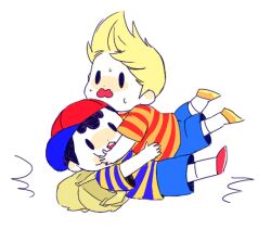 artist_request bad_tag black_hair blonde_hair child falling lucas_(mother_3) lying mother_(series) mother_2 mother_3 ness_(mother_2) nintendo playing shirt shota striped_clothes striped_shirt super_smash_bros.