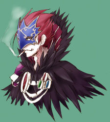 1boy cigarette commentary_request green_background grin highres looking_at_viewer male_focus masked ragnarok_online red_eyes red_hair short_hair simple_background smile solo sorcerer_(ragnarok_online) spiked_hair upper_body yukimushi