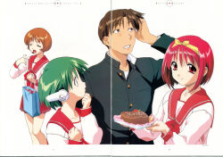 1boy 3girls bag blush brown_eyes brown_hair cake closed_eyes closed_mouth collarbone dot_nose eating feet_out_of_frame food fujita_hiroyuki green_eyes grey_hair hair_between_eyes hair_ribbon kamigishi_akari legs long_sleeves looking_at_viewer multi_(to_heart) multiple_girls nagaoka_shiho official_art red_eyes red_hair red_skirt ribbon robot_ears robot_girl school_uniform shirt short_hair simple_background skirt smile standing stitched t-shirt teeth third-party_edit to_heart to_heart_(series) white_background white_shirt
