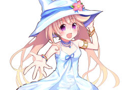 1girl absurdres bare_shoulders blonde_hair bracelet breasts dress flower genjou92 hat hat_flower highres iris_mysteria! jewelry ladis_(iris_mysteria!) long_hair looking_at_viewer open_mouth purple_eyes small_breasts smile twintails white_background white_dress white_hat