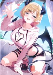 1girl :p absurdres arched_back bed black_horns black_shorts blonde_hair bra bra_peek breast_tattoo breasts cleavage cleavage_cutout clothing_cutout commentary_request cropped_hoodie curio_(curiofinity) day demon_girl demon_horns demon_tail demon_wings dolphin_shorts drawstring full_body garter_straps gradient_hair green_eyes hair_ornament hairclip heart heart_cutout highres hip_vent hololive hood hoodie horn_ornament horn_ring horns kneehighs kneeling large_breasts looking_at_viewer loose_socks multicolored_hair navel official_alternate_costume pink_hair pink_hoodie pink_socks pointy_ears recording short_hair shorts single_garter_strap slippers socks solo swept_bangs tail tail_around_own_leg tattoo tongue tongue_out underwear viewfinder virtual_youtuber winged_heart winged_heart_tattoo wings yuzuki_choco yuzuki_choco_(roomwear)
