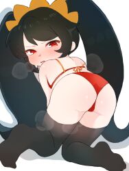 1girl all_fours ashley_(warioware) ass bikini black_hair blush embarrassed female_focus from_behind hairband loli long_hair looking_at_viewer looking_back nakajima_lupus nintendo orange_hairband red_bikini red_eyes shadow simple_background solo swimsuit thighhighs thighs twintails warioware white_background