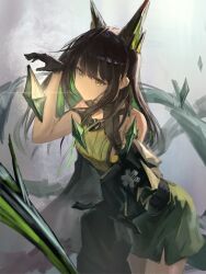 Rule 34 | 1girl, arknights, arm up, bare shoulders, black gloves, black hair, chinese commentary, closed mouth, colored inner hair, commentary request, cowboy shot, crystal, dress, emoji, gloves, green dress, green hair, grey background, highres, horns, light particles, magic, medium hair, mon3tr (arknights), multicolored hair, short dress, solo, standing, star of life, wo yao dang xiongmao, yellow eyes