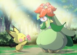 :d bright_pupils closed_eyes commentary_request day flower forest from_side gen_2_pokemon gen_5_pokemon highres holding holding_flower light_rays lilligant nature nintendo no_humans oooise open_mouth orange_eyes outdoors pichu pink_flower pokemon pokemon_(creature) pokemon_focus signature smile standing tongue tree