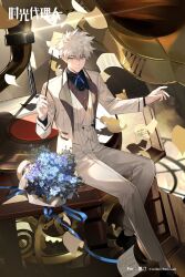 1boy absurdres ameinu black_shirt blue_eyes blue_flower blue_ribbon bouquet bow bowtie chinese_text conductor_baton copyright_name flower formal_clothes full_body hair_between_eyes highres holding long_sleeves looking_at_viewer lu_guang male_focus pants phonograph ribbon shiguang_dailiren shirt short_hair sitting solo suit vest white_hair white_pants white_suit white_vest