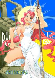 1girl aqua_eyes armpits bare_shoulders barefoot breasts cleavage covered_navel dress highres holding japanon jewelry large_breasts lipstick long_hair looking_at_viewer makeup navel no_bra non-web_source original red_hair russo-ukrainian_war smile solo st._himars thick_thighs thighs tryzub ukraine ukrainian_flag weapon white_dress