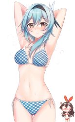 0_0 2girls amber_(genshin_impact) armpits arms_up bikini blue_bikini blue_hair blush breasts brown_hair cowboy_shot eula_(genshin_impact) genshin_impact goggles goggles_on_head gotspinner hairband halterneck heart looking_at_viewer medium_breasts multiple_girls navel panties red_bikini red_ribbon ribbon side-tie_bikini_bottom simple_background string_bikini sweatdrop swimsuit underwear white_background yuri