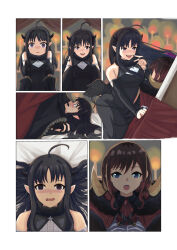 3girls @_@ absurdres ahoge awa_subaru black_dress black_nails blush brown_hair cape censored commentary_request dress fangs girls_band_cry girls_band_cry_rpg highres horns iseri_nina long_sleeves mosaic_censoring multiple_girls nail_polish open_mouth parted_bangs pointy_ears red_cape sagittarius_(cruxhkg) short_hair sidelocks sleeveless sleeveless_dress wavy_mouth yukadon yuri