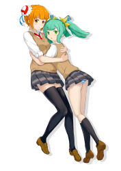 2girls :o absurdres acfun acfun_girl arms_around_waist black_socks black_thighhighs brown_shoes brown_vest bun_cover collared_shirt double_bun drop_shadow from_side full_body green_eyes green_hair grey_skirt hair_bun hair_ornament hands_on_another&#039;s_back highres hug loafers looking_at_viewer miniskirt multiple_girls mutual_hug necktie orange_eyes orange_hair panties pantyshot plaid_clothes plaid_skirt pleated_skirt red_necktie reed_girl school_uniform shirt shoes short_hair skirt sleeves_pushed_up socks striped_clothes striped_panties sweater_vest thighhighs twintails underwear vest white_background white_shirt yunshi_tiankeng