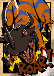 Rule 34 | bly mead, border, digimon, digimon (creature), dinosaur, greymon, halftone, helmet, highres, horns, no humans, orange scales, red eyes, solo